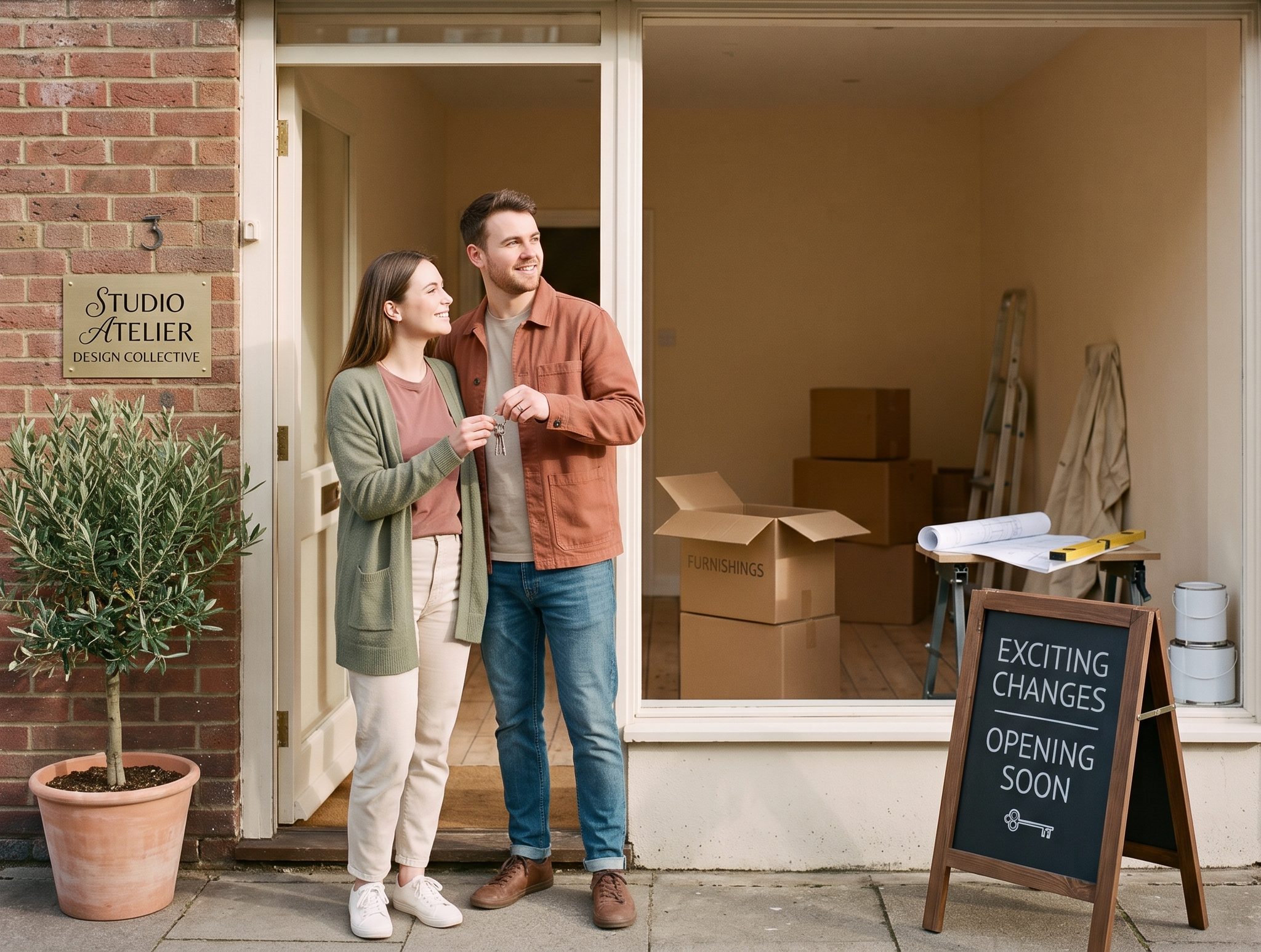 Two owners holding the keys to their new storefront